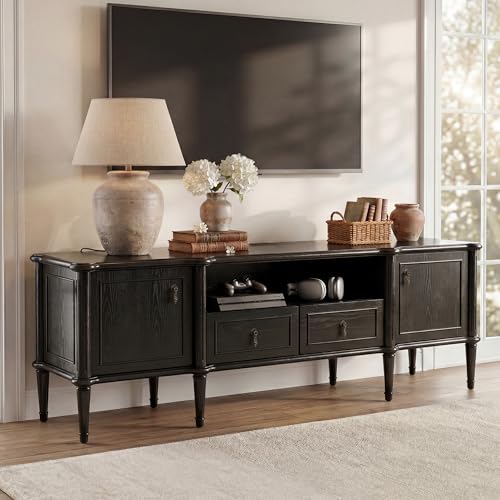 W/power Outlet, Solid Wood Grain Tv Consoles W/2 Cabinets & 2 Drawers, Mid Century Modern Entertainment Center For Living Room, Fits Tvs Up To 75", Black Oak