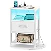 Yoobure White Night Stand with Charging Station LED Nightstand for Bedroom Bedside Tables with Adjustable Fabric Drawer 3 Tier End Table Living Room Small Side Table with Storage