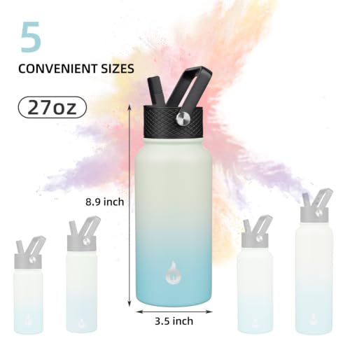 Image of BJPKPK Insulated Water Bottles with Straw Lid, 27oz Stainless Steel Water Bottle with 3 Lids, Leak Proof BPA Free Metal Thermo, Mugs, Tumblers, Keep Cold Hot -Mint