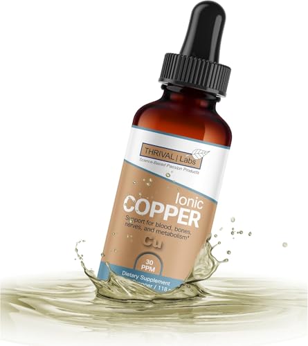 Thrival Labs Ionic Copper Drops 30 PPM Premium Bioavailable Liquid Copper Supplement for General Wellness & Trace Mineral Support Amber Glass Bottle with Dropper 4 fl oz
