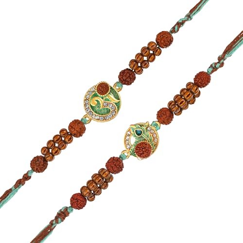 Image of eCraftIndia Om Peacock Feather Rudraksha Rakhi Set of 2 | Rakhi for Brother Bhaiya Bhai with Best Bro Ever Fridge Magnet | Roli Chawal Pack