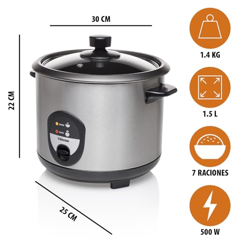 Tristar RK-6127 Arrocera, Capacidad 1.5 l, Función para Mantener el Calor, Apagado Automático, Incluye Taza Medidora, Espátula y Cuchara, revestimiento antiadherente del recipiente, 500 W, Plateado - imagen 2