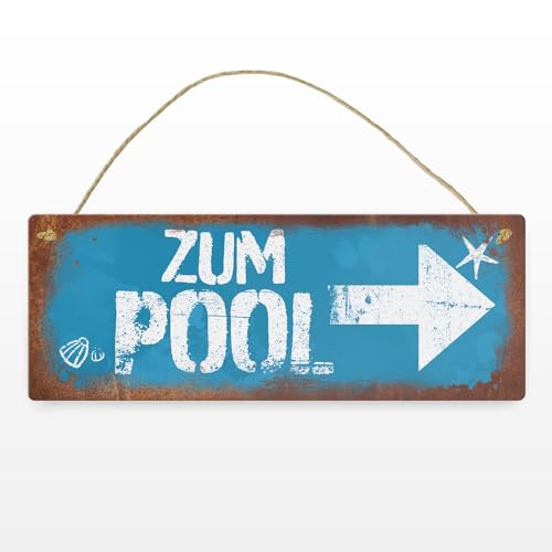 Zum Pool Pfeil rechts Metallschild L in 10,5x28cm in Rostoptik