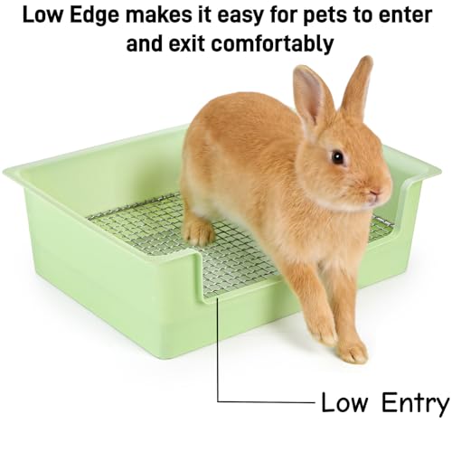 Image of Goaste Rabbit Litter Box with Steel Grids, 15.5 inch Large Bunny Litter Pan, Low Entry Bunny Potty Trainer Tray with Broom, Small Plastic Animal Bedding Toilet for Guinea Pigs Hamster Chinchilla, Green