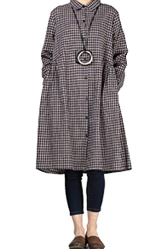 Minibee Women's A-Line Shirt Dress Flare Plaid Shirts Cotton Linen Tunic with Pockets (Black, L)