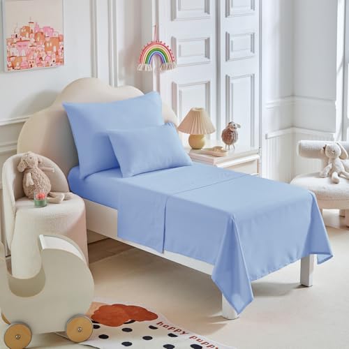 Image of Kids Comforter Sheet Set - Soft and Breathable Bed Set Includes Quilted Comforter, Fitted Sheet, Flat Top Sheet, Pillowcase and Toddler Pillowcase for Toddler - 5 Pieces Toddler Bedding Light Blue