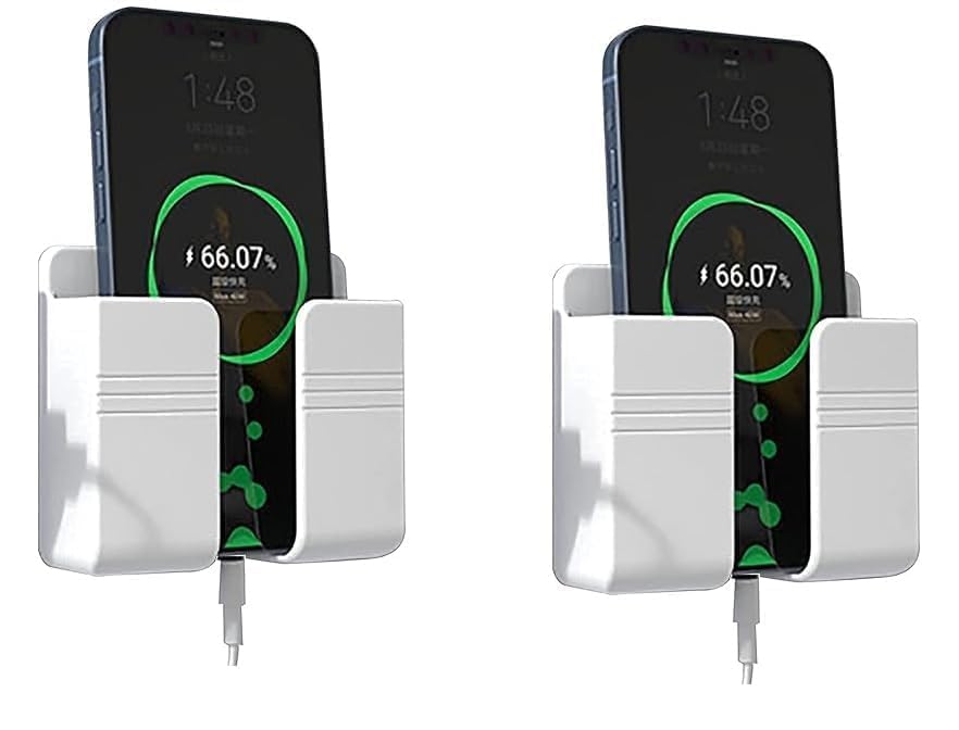 WALLVIEW TECH Pack of 2 Wall Mounted Mobile Holder & Storage Case for Remote with Charging Port, Adjustable Viewing Angle, Multi-Purpose Wall Stand fo