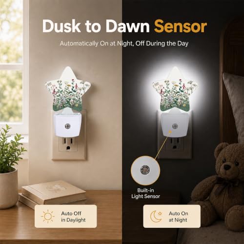 Image of Wildflowers Star Night Light Plug in, Decorative Night Light for Kids Room Nursery Bedroom, Soft Glow Sensor Lamp for Hallway Bathroom, Compact Energy Saving