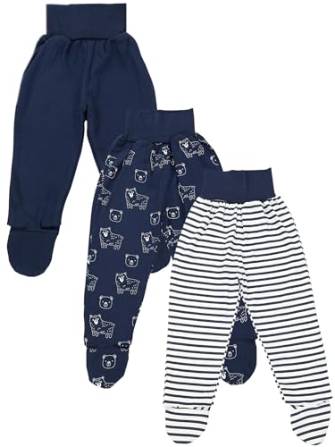 TupTam Pumphose Baby Jungen mit Fuß 3er Pack – Weiche Baby Hose aus Baumwolle mit Komfortbund, Farbe: Blaue Bären Streifen Blau Uni, Größe: 56