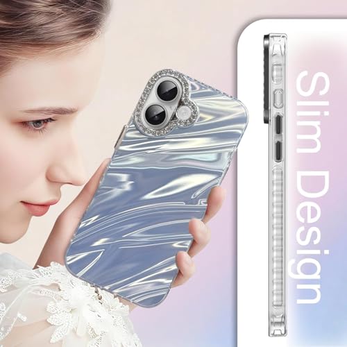 Image of Elzzi Compatible with iPhone 16 Case | Marble Glossy Hard PC Back Cover with Diamond Camera Protector | Ultra Stylish Shockproof Back Cover Case for Girls Women-Sky