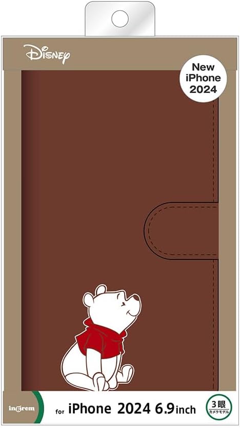 Inglem iPhone 16 Pro Max (2024 Released Model) Case, Disney Shock Absorption, Magnetic Belt, Simple, Notebook Type Leather Case, Winnie the Pooh, Sitting, iPhone 16, Smartphone Case Smartphone Case