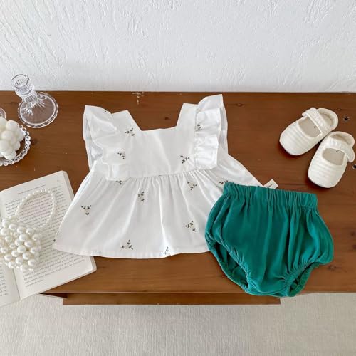 Baby Girl Summer White Embroidered Ruffle Sleeveless Top and Green Bloomers Set4