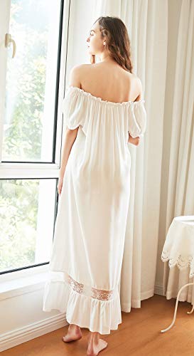 Sharebeauty Soft Natural Rayon Nightgown For Women Short Puff Sleeve Calf Length Night Dress Scoop Neck Sleepwear Loungewear Nightshirt Pajamas White M #TOP5