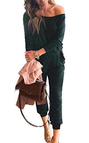 PRETTYGARDEN Women's Casual Long Sleeve Jumpsuit Crewneck One Off Shoulder Elastic Waist Stretchy Romper with Pockets Deep Green