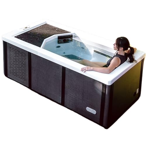 Matte-black Icebound Essentials tub with integrated chiller and heater panel — the all-in-one hot and cold format this pick is built around