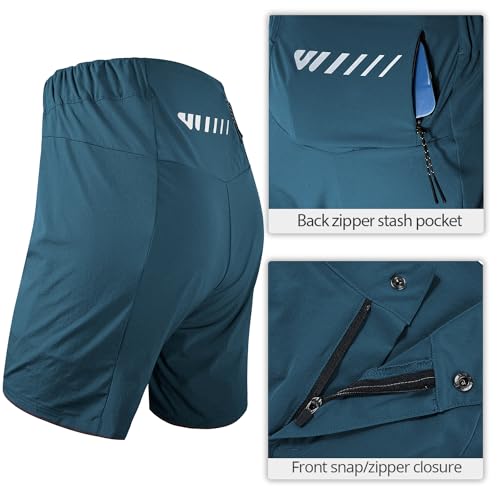 Short feminino de mountain bike 2 em 1 acolchoado para ciclismo com enchimento e bolso com zíper, Az