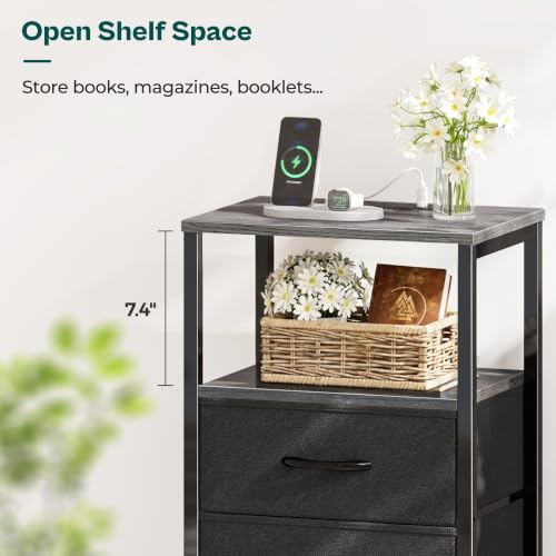 Image of Huuger Nightstand with Charging Station, Side Table with Fabric Drawers, End Table with Open Shelf, Bedside Table with USB Ports and Outlets, Night Stand for Bedroom, Charcoal Gray | End Table with Open Shelf, Bedside Table with USB Ports and Outlets, Night Stand for Bedroom, Bed Side Table, Charcoal Gray