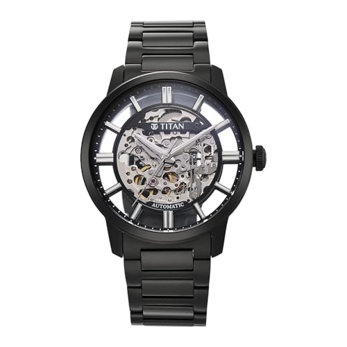 Image of Titan See-Through Skeletal Automatic Analog with Black Dial Black Stainless Steel Strap Watch for Men - 90220NM01