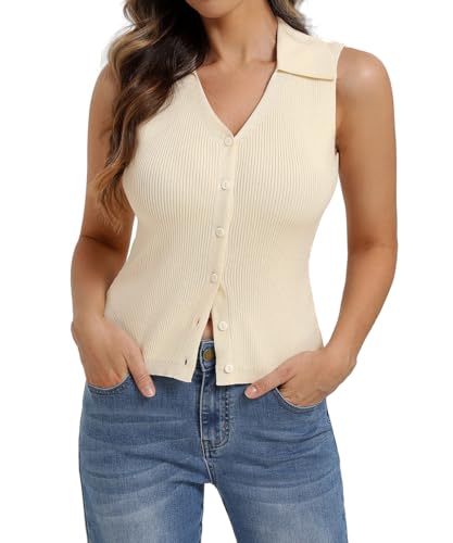Image of Belle Poque Women's Button Down Tank Tops Summer Ribbed Vest Top Sleeveless V Neck Collared Vest Shirt Slim Fit Going Out Top