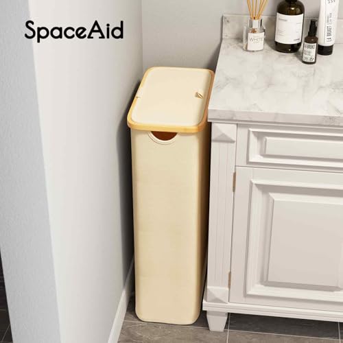 SpaceAid Slim Laundry Hamper with Lid, 65L Narrow Clothes Basket Bin with Bamboo Handles, Skinny Tall Collapsible Hamper for Bedroom, Bathroom, Dorm, Laundry Room - Beige