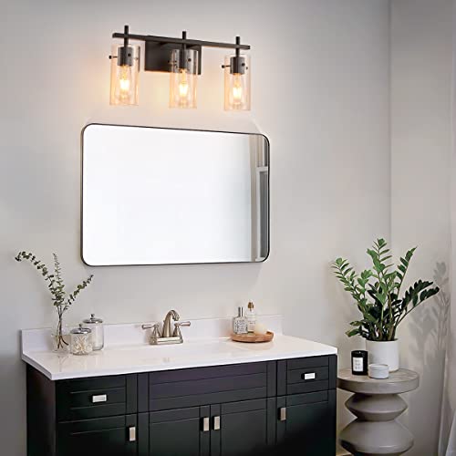 Image of ClanKin 3-Light Bathroom Vanity Light Fixture,Black Wall Sconce Lighting with Glass Shade for Bathroom, Modern Vanity Lamp Wall Lights Over Mirror (Black, 3-Light)