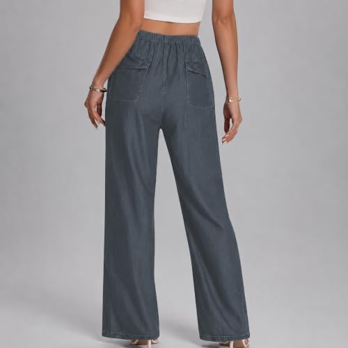 Image of TOPLOT Woman's Wide Leg Drawstring Trousers with Elastic Waist | Relaxed Fit Casual Pants with Pockets | Comfortable Everyday Wear for Travel and Office Wear (5251)