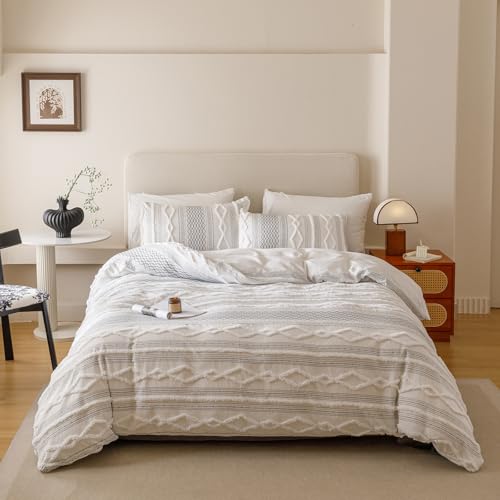 Image of KAREVER Ivory Black Boho Comforter Set Queen Mixed Textures Jacquard Bedding Set Durable Chic and Stylish Bedroom Set