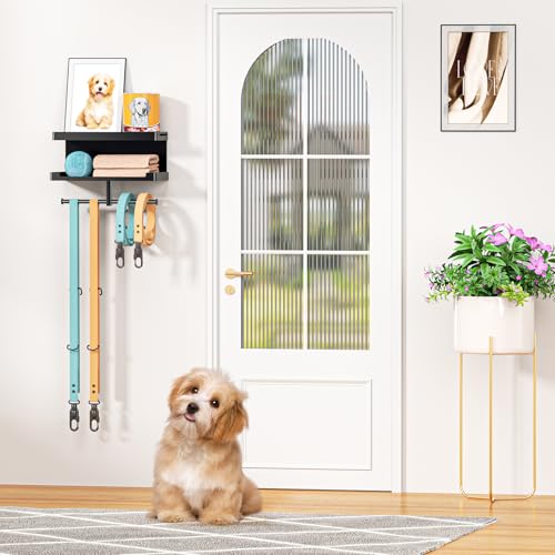 Hundegarderobe mit Ablage, Hundeleinen Halterung Wand, Schwarz Wandhalter für Hundeleine, Metall Hunde Garderobe Schlüsselbrett, für Hundeleine, Trainingsleckerlis, Kauspielzeug, Schlüssel, Groß