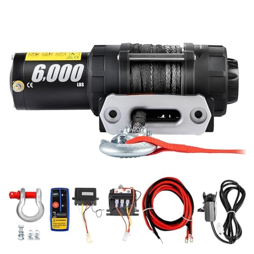 Electric Winch 6000lb Load Capacity Truck Winch Synthetic Rope with Wireless Remote Control, Powerful Motor,DIY Tools
