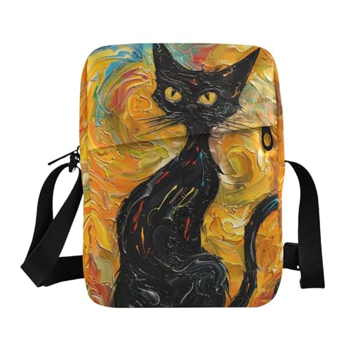 Yoogain Sac à bandoulière Van Gogh style chat noir pour femme - Petit sac à bandoulière pour femme - Bandoulière réglable pour l'extérieur et le quotidien