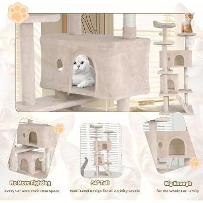 54 Cat Tree for Indoor Cats - Multi-Level Cat Tower with Scratching Posts, Jumping Platforms, Spacious Condo, Cat Bed Cave & Hidden Spaces - Durable Cat Furniture - Beige