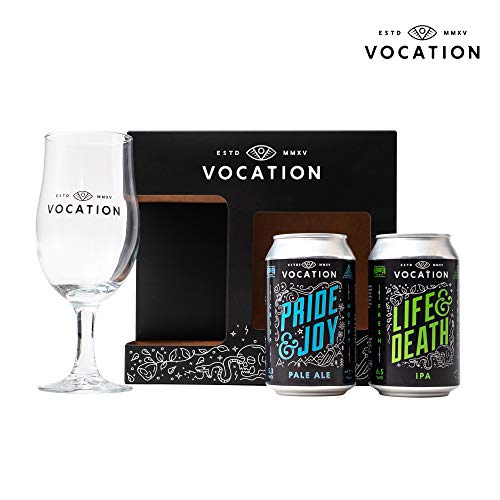Vocation Craft Beer and Branded Stemmed Glass Set | Official Licensed Vocation Beer Gift Set | 1 x Pride & Joy Pale Ale, 1 x Life & Death IPA and 1 x Schooner Glass | Beer Gifts For Men