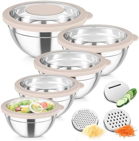 TeamFar Mixing Bowls, Stainless Steel Salad Serving Bowl with Clear Lids & 3 Graters, For Kitchen Cooking Prepping Storing, Size 4.6/2.6/1.5/1/0.7 QT, Nesting & Airtight, Set of 5 & Khaki - Thumbnail 2