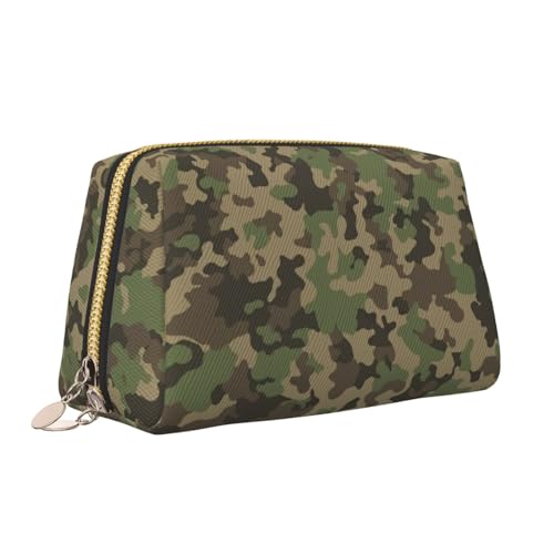 Bolsa de maquillaje portátil de piel con estampado de camuflaje verde con cremallera, bolsa de cosméticos, organizador de viaje