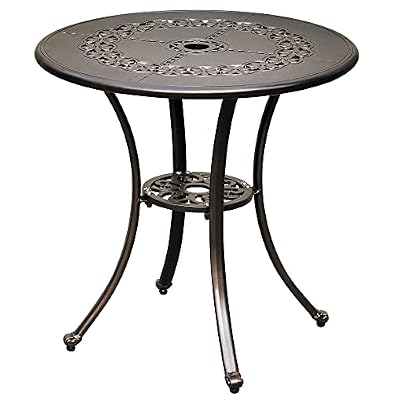 DWVO 25 Inches Round Patio Dining Table with Umbrella Hole, Antique Cast Aluminum Outdoor Bistro Table Outdoor Side Table for Backyard, Garden, Patio, Porch, Hammered Bronze