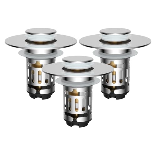 Comparison: Best Removable Stainless Steel Strainer 10 Hibbent 3 Pack Upgraded 3 in 1 Bathroom Sink Drain Strainer, Universal Pop Up Stopper with Removable Stainless Steel Filter Basket Hair Catcher, Sink Plug for 1.1''~2.36'' Basin, Brass Core, Chrome