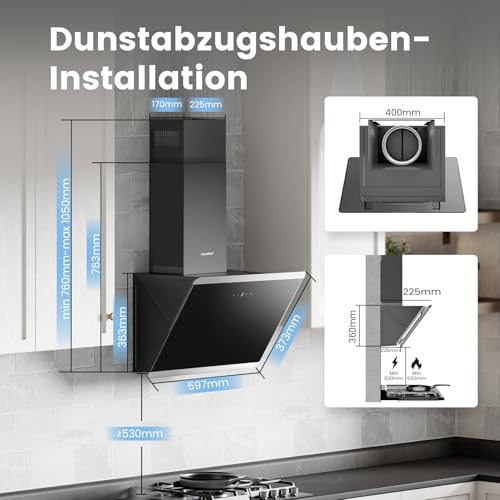 COMFEE' CH60J64ET4A2B A++ Dunstabzugshaube 60 cm, Kopffreihaube 60cm Umluft und Abluft, 380m³/h Luftstrom, Edelstahl/Glas Design mit Touchscreen, LED, Abzugshaube inkl. Kohlefilter, Schwarz