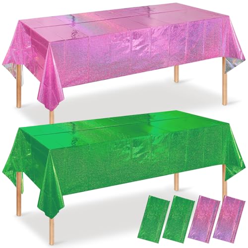 Image of 4 Pcs Iridescent Pink and Green Tablecloth Party Decorations, Holographic Foil Plastic Table Cloths for Rectangle Tables, Disposable Green and Pink Table Cover for Witch Theme Birthday Party Supplies