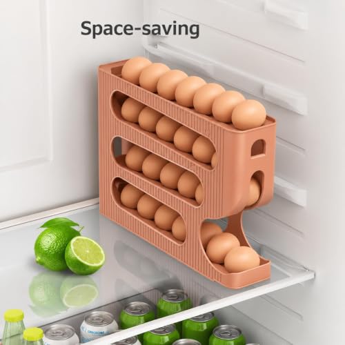 Image of 4-Tier Automatic Rolling Egg Dispenser for Refrigerator - Space-Saving Plastic Egg Holder, Holds Up to 30 Eggs, Roll-Down Design (Light Brown)