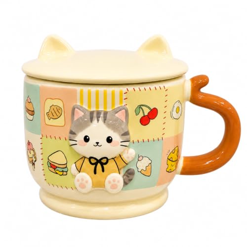 Image of Vasukie Cute Cat Ceramic Coffee Mug with Cat Ears Lid & Tail Handle | 3D Patchwork Tea Cup for Milk, Soup, & Hot Cocoa | Kawaii Brown Drinkware Gift for Cat Lovers (Character May Vary)