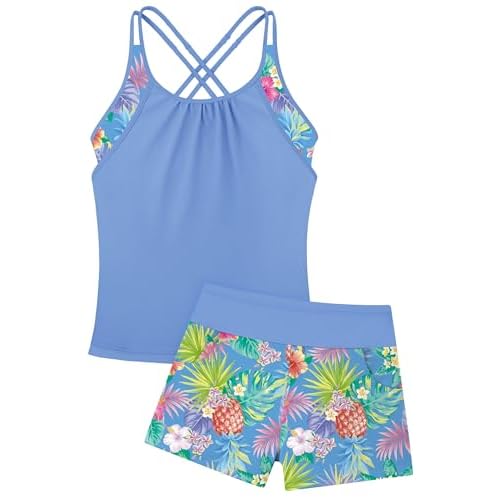 Girls Tankini Swimsuit Two Piece Cross Straps Back Bathing Suits with Pockets Shorts Kids Swimwear Sets 5-16 Years Purple Pineapple 15-16 Years