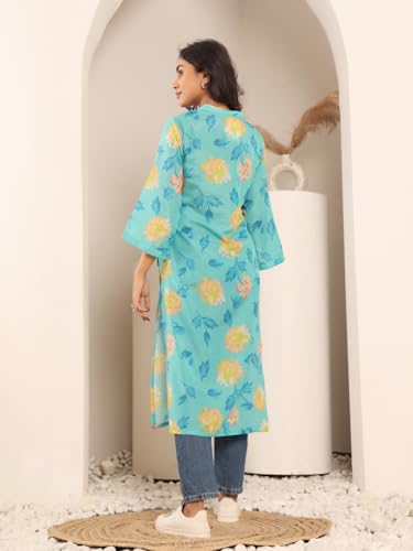 Image of Varanga Women Turquoise Blue Floral Printed Straight Kurta with Three Quarter Bell Sleeves - Comfortable & Stylish Design for Everyday Wear
