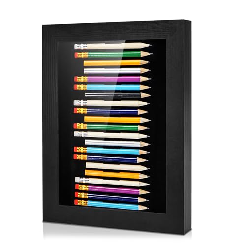 Golf Pencil Display Case for 21 Round or Octagonal Golf Pencils Black Solid Wood Golf Pencil Display with Clear Acrylic Cover 10 x 8 x 1.5 Inches