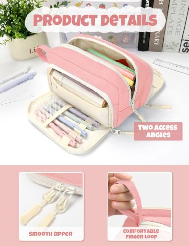 Image of SUNEE Large Pencil Case, Big Capacity Pen Pouch with 3 Compartments, Kawaii Cute Pencil Bag with Zipper, High Storage Stationery Holder and Organizer, School Supplies for Teen and Adult Girls, Pink