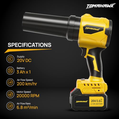 Image of TOMAHAWK TCTB-20B Cordless Turbo Blower with 20V 3.0Ah x 1 Battery, GS & CE Certified, Air Flow Speed 200km /hr, LED Light & Battery Indicator
