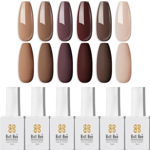 Image of DUDUSTRONG Bolt Bee Gel Glossy Finish Nail Polish Kit Gel Nail Polish - 6 Colors Skin Tone Brown Nude Gel Polish Brown Neutral For Women Mom (A1-Caramel Collector (135+136+120+62+07+02)), 90 Ml