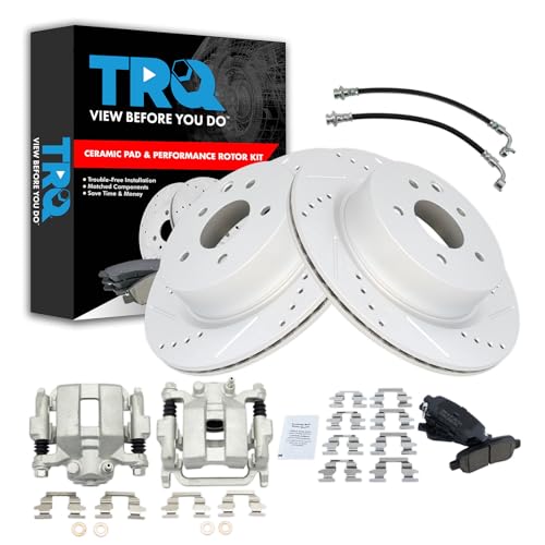 Image of TRQ Performance Rear Brake Pad and Rotor Set Ceramic Drilled Slotted Coated Rotors Calipers Compatible with 2005-2007 Infiniti G35 2006-2008 Nissan 350Z