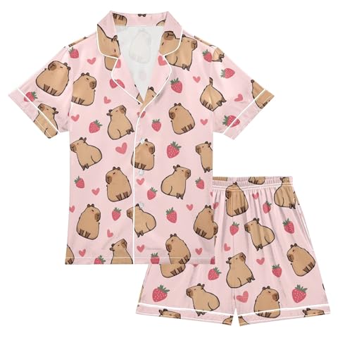Cute Capybara with Pink Strawberry Hearts Summer Satin Pajama Set, Cute Button-Down Sleepwear Pj Set for Sleep Wears
