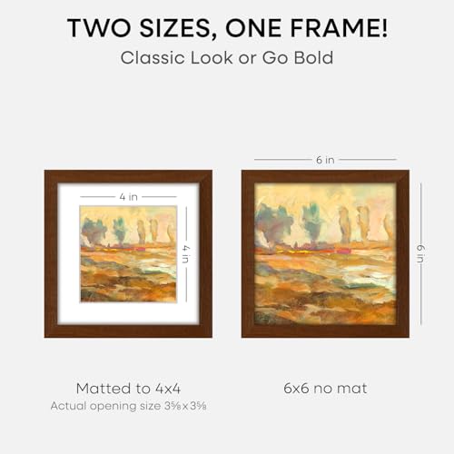 Image of Homeforia 6x6 Picture Frame Brown, High-End Dark Oak 6 x 6 Square Brown Wood Frame with Mat 4 by 4 for Art, 6by6 Wooden Walnut Poster Frame Matted to 4x4 inch Photo, Tempered Glass, Wall Kit, Set of 1