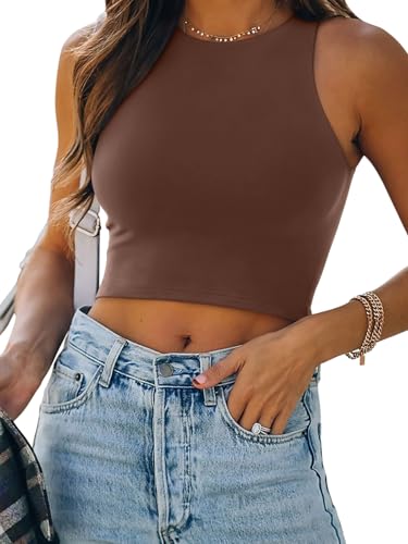 REORIA Women Sexy Sleeveless Racer Back Tank Tops Halter Neck Crop Tops Coffee Small